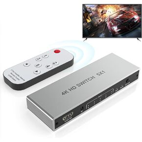 4K HDMI Switch 5 in 1 Out - 4K@60Hz HDMI Switch with Remote, 5 Port HDMI Switcher Selector Support 3D HDR CEC HDCP2.2 Compatible with PS 5/4/3 Xbox Switch Roku TV