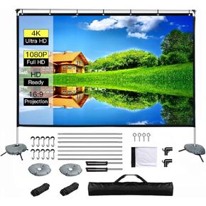 Projection Screen 120 inch, Washable 16:9 Foldable Anti-Crease Portable Projector Movies Screen for Home Theater Outdoor Indoor Support Double Sided Projection (120'' with Stand)