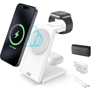 3 in 1 Wireless Charging Station, Magnetic Foldable Wireless Charger, 15W Fast Charger Stand for iPhone 15/14/13/12/11/Apple Watch/Airpods(Adapter Included)