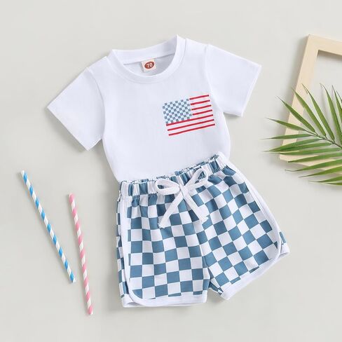 Hoanselay Baby Boy 4th of July Summer Outfit American Flag Short Sleeve T Shirt + Checkered Shorts Toddler 2PCS Clothes Set in Saudi Arabia