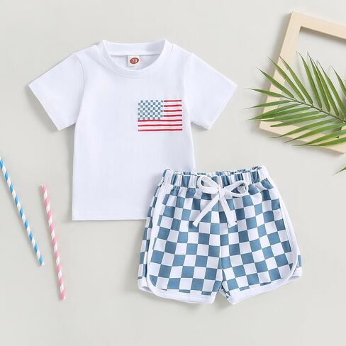 Hoanselay Baby Boy 4th of July Summer Outfit American Flag Short Sleeve T Shirt + Checkered Shorts Toddler 2PCS Clothes Set in Saudi Arabia