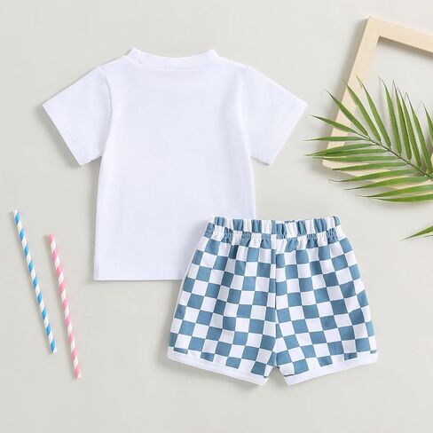 Hoanselay Baby Boy 4th of July Summer Outfit American Flag Short Sleeve T Shirt + Checkered Shorts Toddler 2PCS Clothes Set in Saudi Arabia