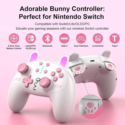 وحدة تحكم Switch Pro، وحدة تحكم التبديل اللاسلكية لـ Switch OLED، Switch Lite، الكمبيوتر الشخصي، وحدة تحكم التبديل مع Turbo، حركة 6 محاور، وحدة تحكم Pink Cute Bunny Switch Pro مع اهتزاز، قابلة للبرمجة in Saudi Arabia