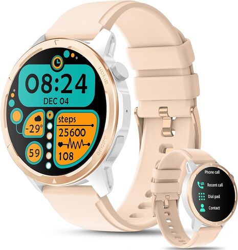 Smat Watch for Men Women ,Phone Call(Make & Answer) Smartwatch,P68 Waterproof, Fitness Tracker, Pedometer, Message Notification,Music Player,Health Monitor,Compatible with iOS Android Phones (Beige) in Saudi Arabia