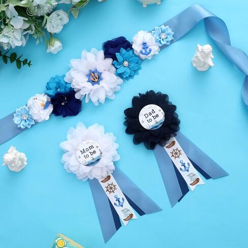 طقم وشاح الأمومة للاستحمام البحري من JOYMEMO - حزام بطن للاستحمام باللون الأزرق من Ahoy NauticalmBaby ودبابيس للأم لتكون وأب ليكونا دبابيس للصدر، دعائم صور للآباء الجدد للحمل، مستلزمات الحفلات ذات طابع المحيط in Saudi Arabia