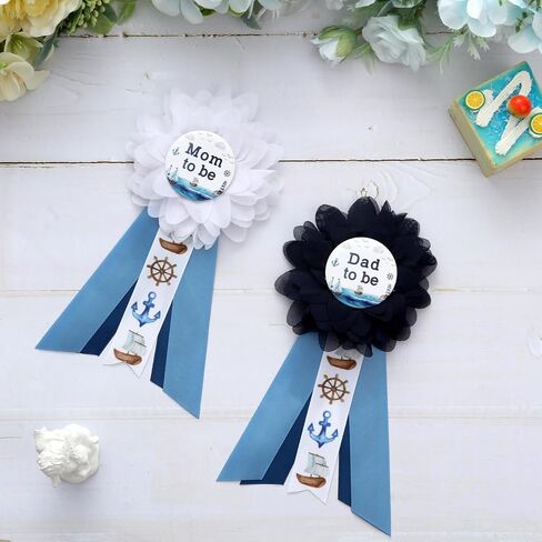 طقم وشاح الأمومة للاستحمام البحري من JOYMEMO - حزام بطن للاستحمام باللون الأزرق من Ahoy NauticalmBaby ودبابيس للأم لتكون وأب ليكونا دبابيس للصدر، دعائم صور للآباء الجدد للحمل، مستلزمات الحفلات ذات طابع المحيط in Saudi Arabia