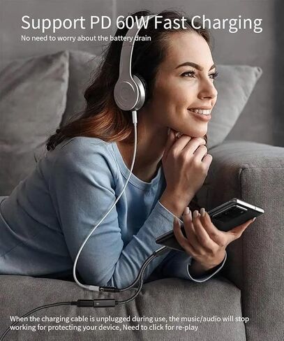 محول سماعة رأس وشاحن USB C إلى 3.5 مم - 2 في 1 USB C إلى Aux Audio Jack مع PD 60W شحن سريع دونجل سماعة أذن / سماعة رأس لهاتف iPhone 15 Android Samsung Galaxy، Google Pixel USB Type C in Kuwait