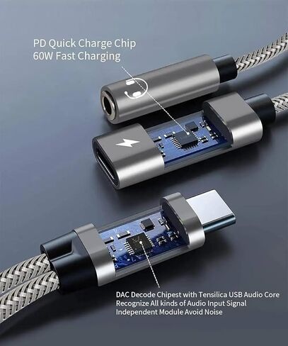 محول سماعة رأس وشاحن USB C إلى 3.5 مم - 2 في 1 USB C إلى Aux Audio Jack مع PD 60W شحن سريع دونجل سماعة أذن / سماعة رأس لهاتف iPhone 15 Android Samsung Galaxy، Google Pixel USB Type C in Kuwait