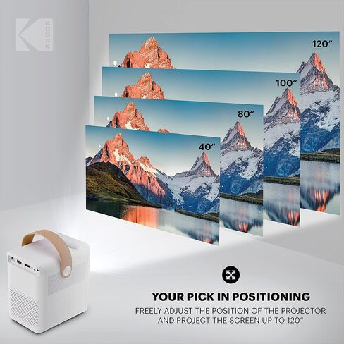 KODAK FLIK HD9 Smart Projector | Mini White Portable Indoor & Outdoor Movie with Android TV Streaming Apps, Wi-Fi and Bluetooth, Built-In Speakers & Voice Remote | FHD 1080p for Screens Up to 120" in Kuwait