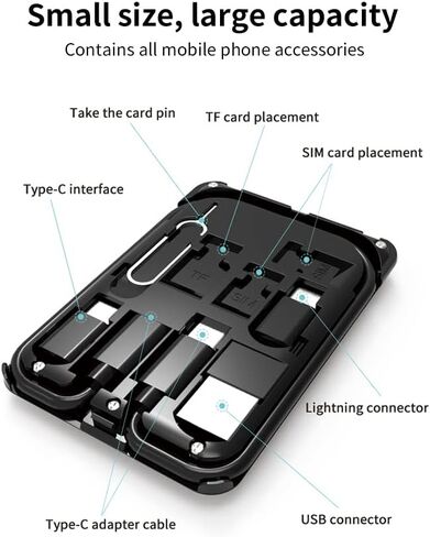 بطاقة كابل مجموعة محول USB، محول كابل شحن متعدد الأنواع USB C إلى Lightning Type C Micro USB، فتحة بطاقة TF/SIM ودبوس بطاقة للسفر، شاحن لاسلكي 15 وات، يستخدم كحامل للهاتف الخلوي in Kuwait