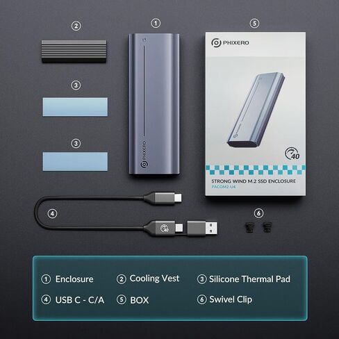 PHIXERO 40Gbps M.2 NVMe Enclosure with Cooling Fan, Tool-free SSD Enclosure for M1 M2 Pro/Max, Aluminum M.2 Enclosure Compatible with Thunderbolt 4/3 USB4 8TB Capacity, for Size 2280 M-Key B+M Key in Saudi Arabia