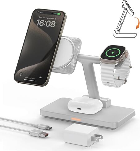MagSafe 3 in 1 Wireless Charging Station: JoyGeek Portable Foldable Stand for iPhone 17 16 15 14 13 Pro Max Plus, Apple Watch, AirPods Pro (White) in Saudi Arabia