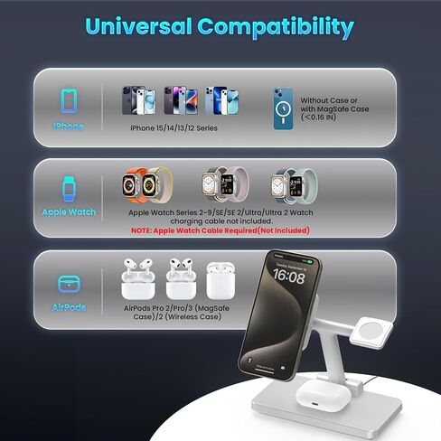 MagSafe 3 in 1 Wireless Charging Station: JoyGeek Portable Foldable Stand for iPhone 17 16 15 14 13 Pro Max Plus, Apple Watch, AirPods Pro (White) in Saudi Arabia