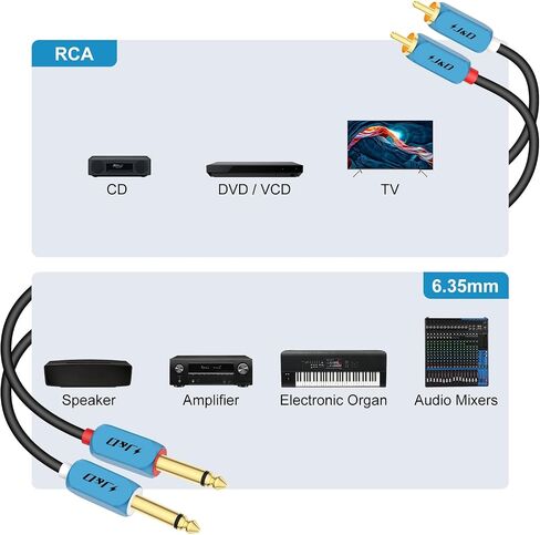 J&D RCA to 1/4 Cable, 2x6.35mm TS to Dual RCA Stereo Audio Interconnect Cable, Gold Plated Plug Heavy Duty Aluminum Alloy Shell for Home Theater, Amplifiers, Hi-Fi Systems, 9 Feet in Kuwait