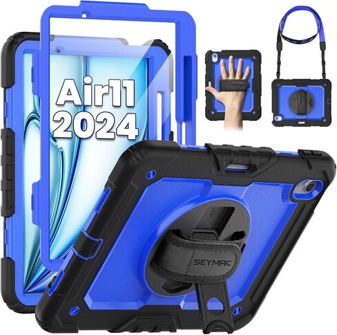 SEYMAC Case for iPad Air 13 Inch M4/M3/M2 (2026/2025/2024), Black | Heavy Duty Shockproof Protective, Built-in Screen Protector, 360° Rotating Stand, Hand/Shoulder Strap, Pencil Holder in Kuwait