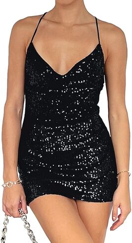 فستان نسائي رسمي للحفلات المسائية برقبة على شكل حرف V مزين بالترتر in Kuwait