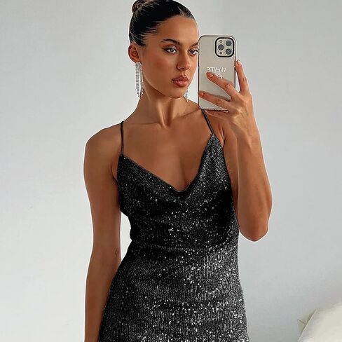 فستان نسائي رسمي للحفلات المسائية برقبة على شكل حرف V مزين بالترتر in Kuwait