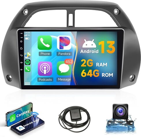 ستيريو راديو السيارة لتويوتا RAV4 2001-2006، 2G 64G Rimoody 9 بوصة Android 13 Carplay اللاسلكي وAndroid Auto Touch Screen Mirror Link Bluetooth FM/RDS EQ GPS WiFi SWC كاميرا احتياطية in Kuwait