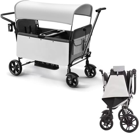 Foldable Stroller Wagon for 2 Kids, Wagon Stroller with Adjustable Handle-Bar, Push Pull Collapsible Stroller with Removable UV-Protection Canopy 5-Point Harness Shock-Absorbing Wheels, Grey in Saudi Arabia