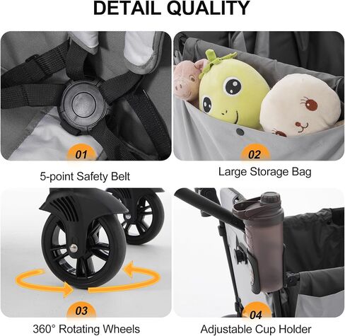 Foldable Stroller Wagon for 2 Kids, Wagon Stroller with Adjustable Handle-Bar, Push Pull Collapsible Stroller with Removable UV-Protection Canopy 5-Point Harness Shock-Absorbing Wheels, Grey in Saudi Arabia