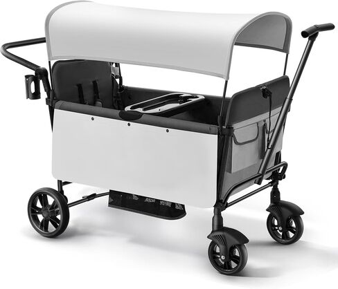 Foldable Stroller Wagon for 2 Kids, Wagon Stroller with Adjustable Handle-Bar, Push Pull Collapsible Stroller with Removable UV-Protection Canopy 5-Point Harness Shock-Absorbing Wheels, Grey in Saudi Arabia
