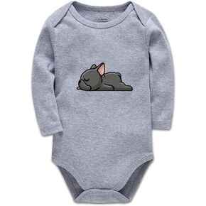 French Bull&Dog. Animal Fun Print Bodysuit Cute Baby Rompers 0-3 Months Long-Sleeved Grey Clothes