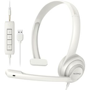HW02 USB Headset with Microphone Noise Cancelling &in-line Control, Super Light, Ultra Comfort Computer Headset for Laptop pc, On-Ear Wired Office Call Center Headset for Boom Skype Webinars（White）