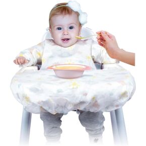 High Chair Cover with Disposable Sleeved Bib - 5 * 2 Piece Sets (10 pcs in total) 2 Piece Set Free Meal Times, Premium Baby-Led Weaning (BLW) accessories, Perfect for Traveling, Waterproof