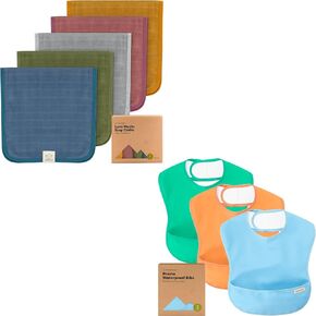 KeaBabies 5-Pack Muslin Burp Cloths for Baby Boys, Girls and 3-Pack Waterproof Baby Bibs for Eating - Organic Baby Burp Cloths - Lightweight Baby Bib with Food Catcher - Burp Clothes for Baby Girl