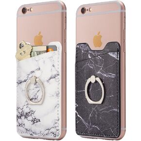 (Two Finger Ring and Cell Phone Stick on Wallet Card Holder Phone Pocket for iPhone, Android and All Smartphones. (White & Black)