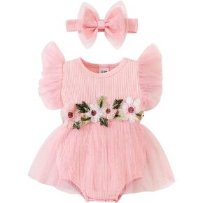 Newborn Baby Girls Rompers Flower Embroidery Mesh Tulle Dress with Headband Infant Summer Outfits (Flower Embroidery Pink, 6-9 Months)