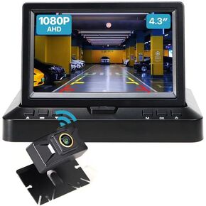 Wireless Backup Camera Monitor Set: Foldable Screen Display + HD 1080P Rear/Front View Camera with Night Vision, Customizable Guide Lines, Wide Angle, and Waterproof Design, TTXSCAM-W02