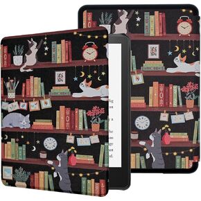 Case for 6" All-New Kindle (11th Generation-2022 Release), Cute Kawaii Fashion Premium Lightweight PU Leather Folio Cover with Auto Wake/Sleep, Cat on Bookshelf