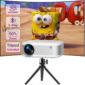 Mini Projector with Tripod, 1080P HD Portable Bluetooth Movie Projector, Compatible with Smartphone/Laptop/TV Stick/HDMI/USB