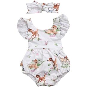 Infant Baby Girl Ruffled Cap Sleeve Sunsuit Romper with Self-Tied Headband 2 pcs Outfit Set