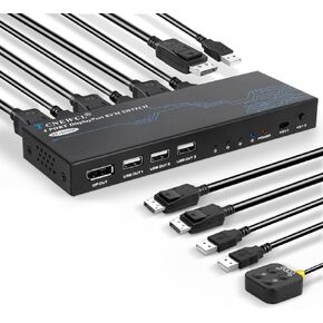 KVM Switch DisplayPort, KVM Switch 4 Computers 4K@60Hz, 4 Port DP KVM Switch for 4 Computers Share 1 Monitor and 3 USB 2.0 Devices Keyboard Mouse etc with 4 DP+4 USB Cables and Desktop Controller