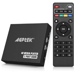 4K@30hz HDMI TV Media Player with Dual HDMI, One AV/VGA Output, 4K HDMI Splitter Function, Digital MP4 Player for 14TB HDD/512G USB Drive/256G SD Card/H.265 MP4, with Remote Control for MP3 AVI etc