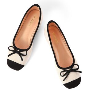 Women's Ballet Flats Cap Toe Bow Flats Two Tone Slip On Flats Comfort Square Toe Dressy Flat Shoes for Casual Work