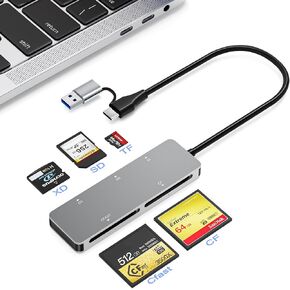 CFast Card Reader, CFast 2.0 Card Reader via USB 3.0 or USB C Port, 5Gbps Aluminum CFast Memory Card Adapter for SanDisk, Lexar, Transcend, Sony Card, Read CFast/TF/SD/XD/CF 5 Cards Simultaneously