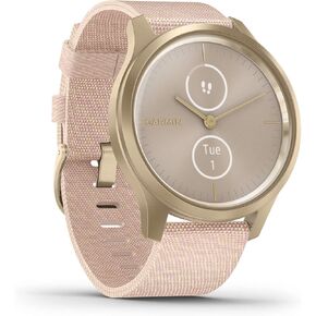 Garmin vivomove Style, Hybrid Smartwatch with Real Watch Hands and Hidden Color Touchscreen Displays, Gold with Pink Woven Nylon Band (Renewed)