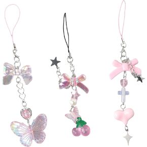 Phone Charms Strap Cute Pink Heart Beaded Phone Lanyard Pearl Chain Charm Keychain Girl Women Bow Cell Phone Pendant Love Phone Lanyard DIY Handmade Backpack Accessories