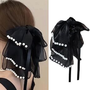 Ribbon Bow Pearl Hair Clips for Women Girl，Vertical Ponytail Claw Clip Korean Style Bowknot Ponytail Claw Large Bow Clip for Thick Hair Accessories(Black)