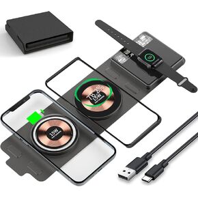 [Dual 15W] Foldable Fast Wireless Charger, 3 in 1 Travel Magnetic Wireless Charger, Wireless Charging Pad Compatible with Mag-Safe Charger for iPhone 15/14/13/12, Samsung Galaxy, Apple Watch, AirPods
