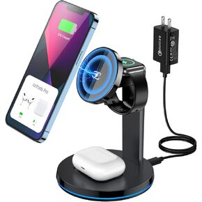 قاعدة شحن لاسلكية مغناطيسية، قاعدة شحن سريعة وآمنة 3 في 1 من KOOPAO لهواتف iPhone 15/14/13/12/Pro Max/Pro/Mini، iWatch 9/8/7/6/SE/5/4/3/2 ، iPods 2/Pro مع محول PD-أسود in Kuwait