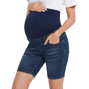 Women's Maternity Jean Shorts Over Belly Stretch Skinny Pregnancy Denim Shorts with Pockets – 7" Inseam