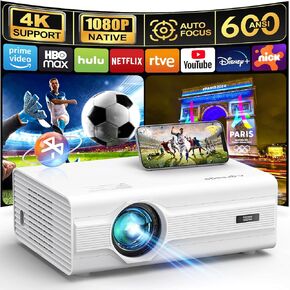 Projector, [Auto Focus/6D Keystone] Projector with WiFi 6 and Bluetooth 5.2, 600 ANSI Native 1080P 4K4P Supported 300'' Screen, Movie Projector Compatible with PowerPoint/HDMI/USB/TV Stick (White)