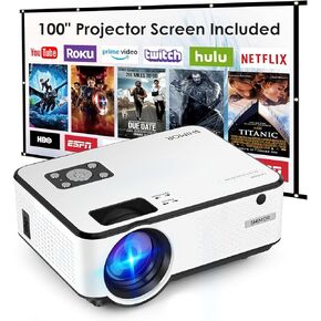 Mini Projector, SHIMOR C9 7500L HD Outdoor Movie Projector with 100 Inch Projector Screen, 1080P Supported Compatible with TV Stick, Video Games, HDMI, USB, AUX, AV, PS4, Laptop, Smartphone