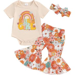 Newborn Baby Girl Summer Clothes Short Sleeve Daddy's Girl Romper Floral Pants Bell Bottoms Headband Toddler Outfit in Kuwait