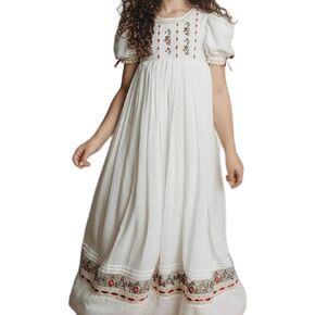 Girl Dress, Embroidered Floral Heirloom, Lace Crew Collar, Puff Sleeve, Cotton Kids Casual Clothing