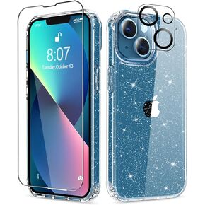 MIODIK for iPhone 13 Case with Screen Protector + Camera Lens Protector, Clear Glitter [Non Yellowing] Shockproof Protective Phone Case, Slim Women Girls iPhone 13 Cover 6.1 inch - Sparkle Clear